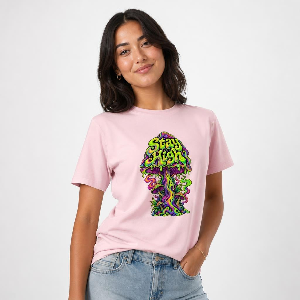 Stay High t shirt in Cotton Pink worn by a studio model in an upper-body three quarter left pose on a clean white background