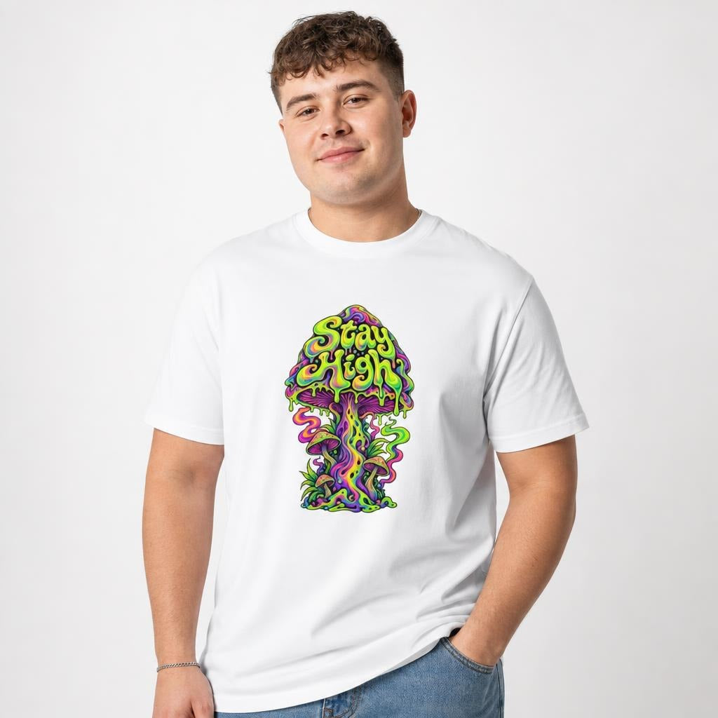 Stay High t shirt in White worn by a studio model in an upper-body front relaxed pose on a clean white background
