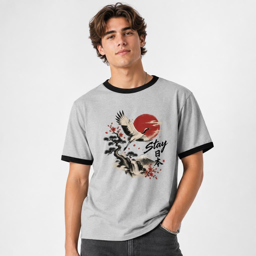 Stay Japan t shirt in Heather Gray Black worn by a studio model in an upper-body three quarter left pose on a clean white background