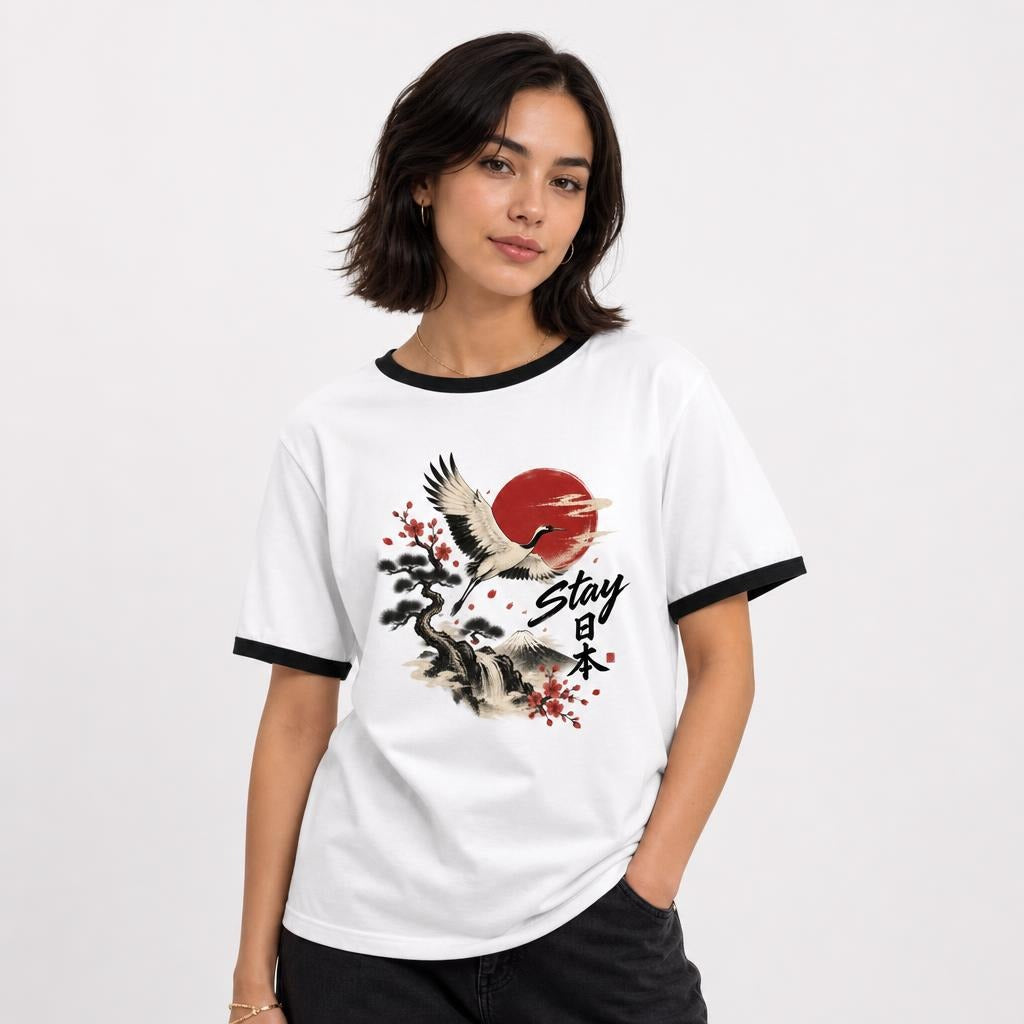 Stay Japan t shirt in White Black worn by a studio model in an upper-body front relaxed pose on a clean white background