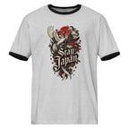 Front view of a Heather Gray Black T-shirt with a stylized Japanese crane, torii gate, red sun, and “Stay Japan” lettering.