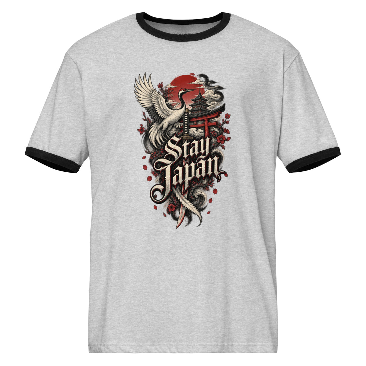 Front view of a Heather Gray Black T-shirt with a stylized Japanese crane, torii gate, red sun, and “Stay Japan” lettering.