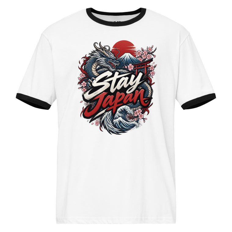 Front view of a White Black T-Shirt featuring a Japanese dragon, Mount Fuji, cherry blossoms, a red sun, and “Stay Japan” lettering.