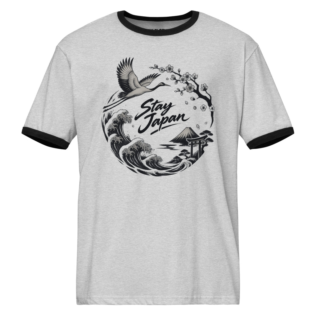Front view of a Heather Gray Black T-shirt with a Japanese landscape graphic featuring a crane, waves, blossoms, and a torii gate.