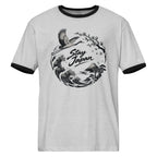 Front view of a Heather Gray Black T-shirt with a Japanese landscape graphic featuring a crane, waves, blossoms, and a torii gate.