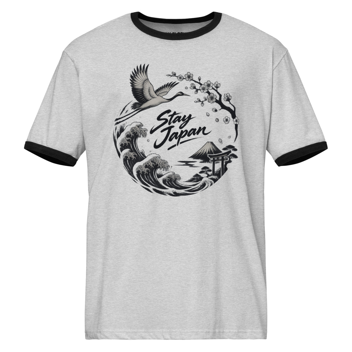Front view of a Heather Gray Black T-shirt with a Japanese landscape graphic featuring a crane, waves, blossoms, and a torii gate.