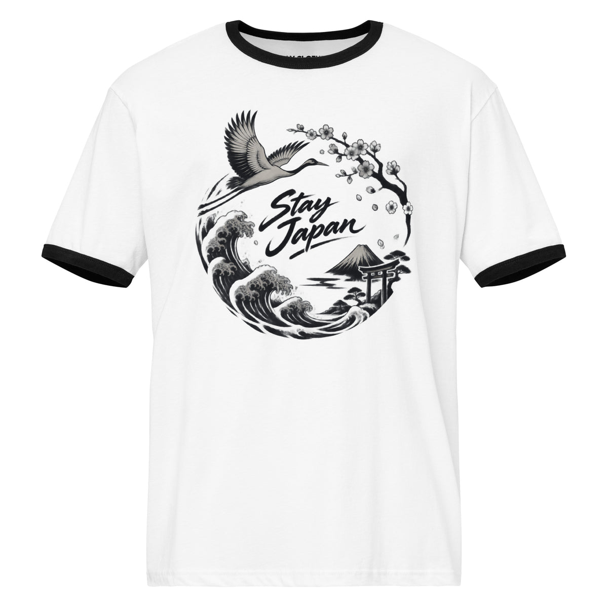 Front view of a White Black T-shirt featuring a Japanese landscape with waves, a flying crane, blossoms, and a torii gate.