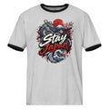 Front view of a Heather Gray Black T-shirt with a Japanese dragon, waves, Mount Fuji, cherry blossoms, and Stay Japan lettering.
