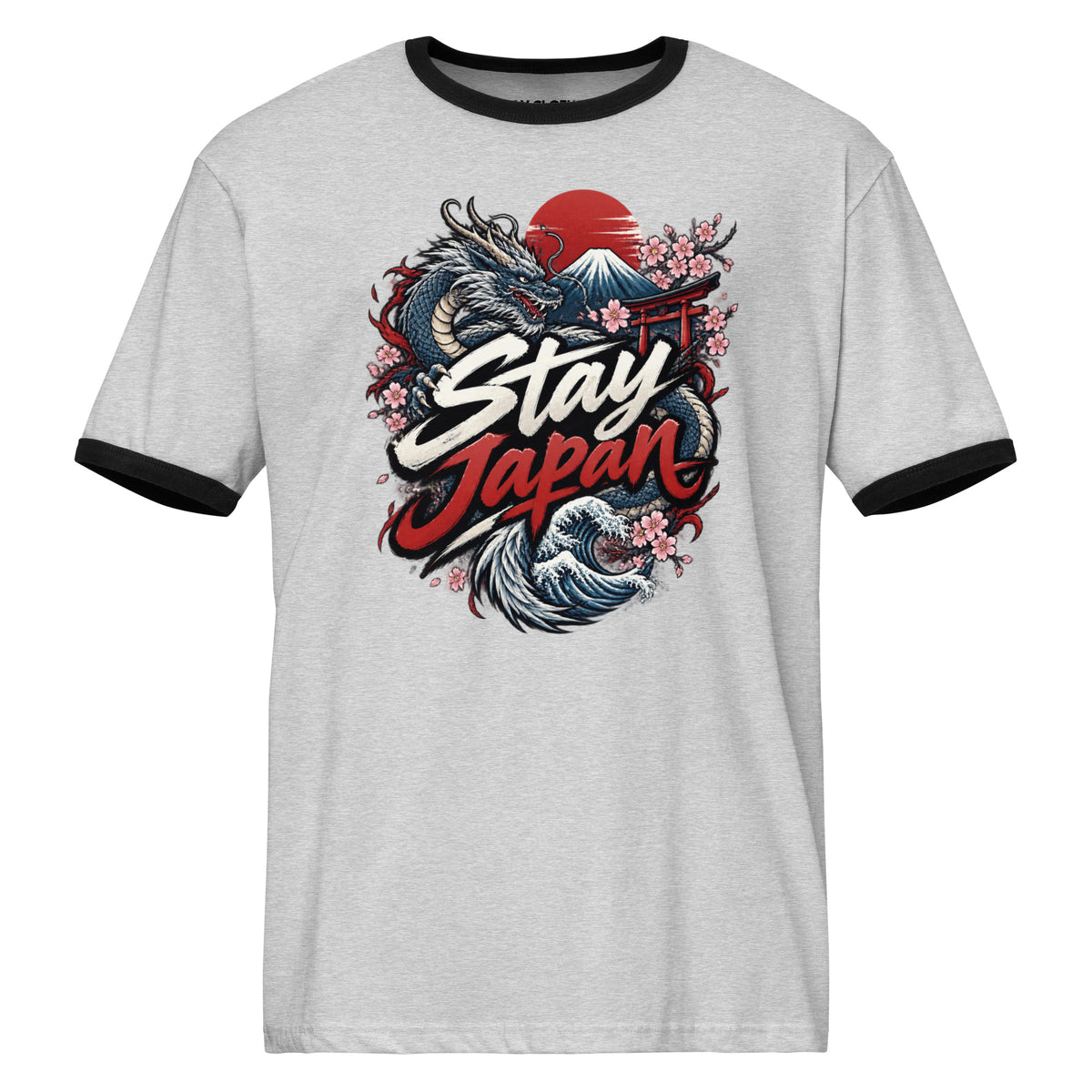 Front view of a Heather Gray Black T-shirt with a Japanese dragon, waves, Mount Fuji, cherry blossoms, and Stay Japan lettering.