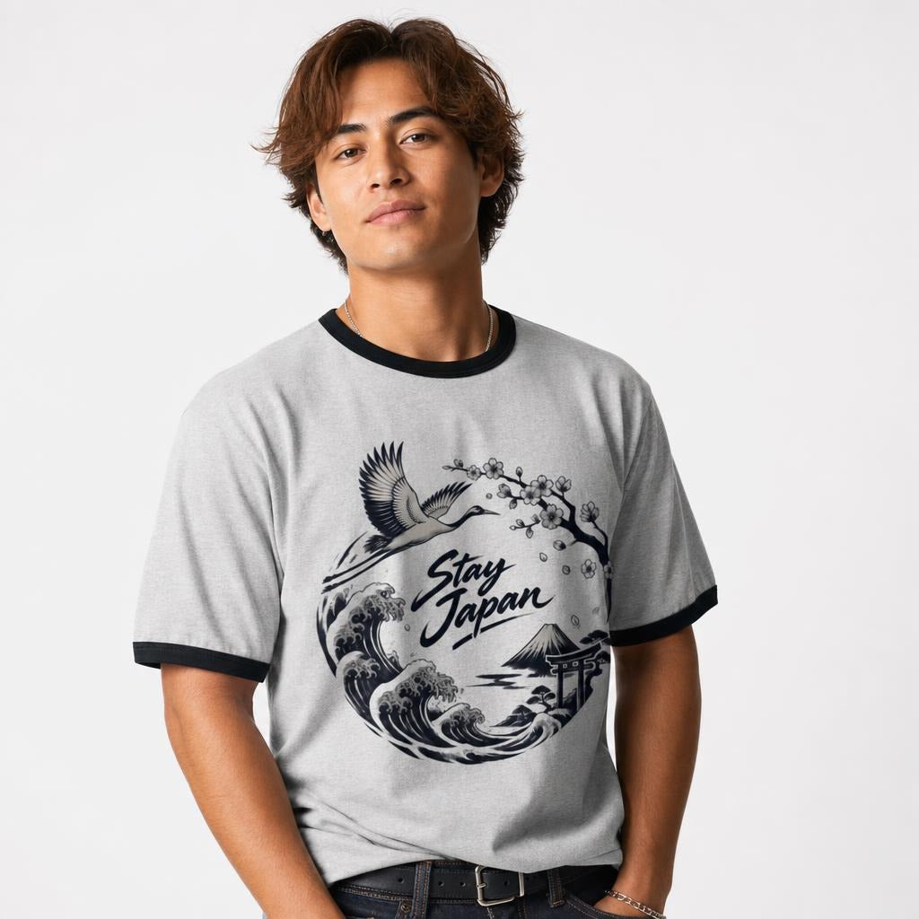 Stay Japan t shirt in Heather Gray Black worn by a studio model in an upper-body three quarter left pose on a clean white background