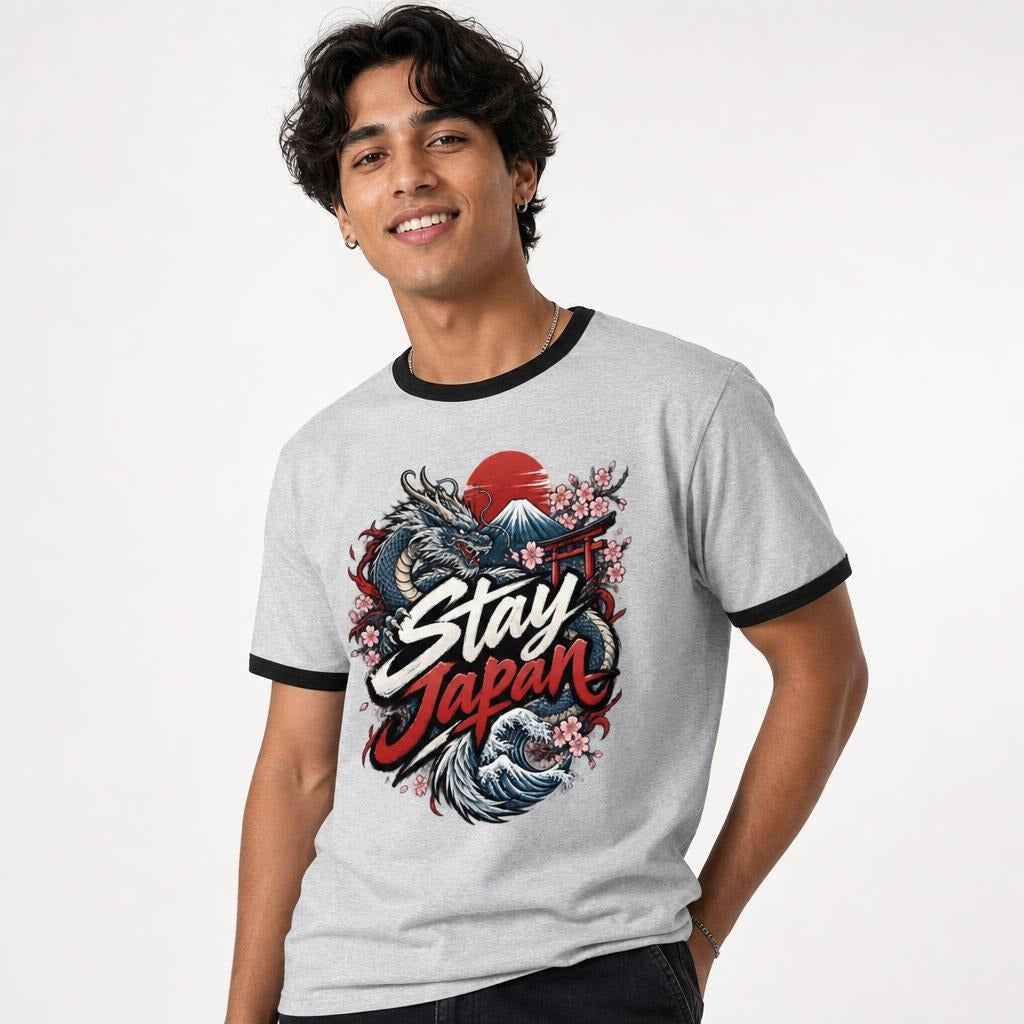 Stay Japan t shirt in Heather Gray Black worn by a studio model in an upper-body three quarter left pose on a clean white background