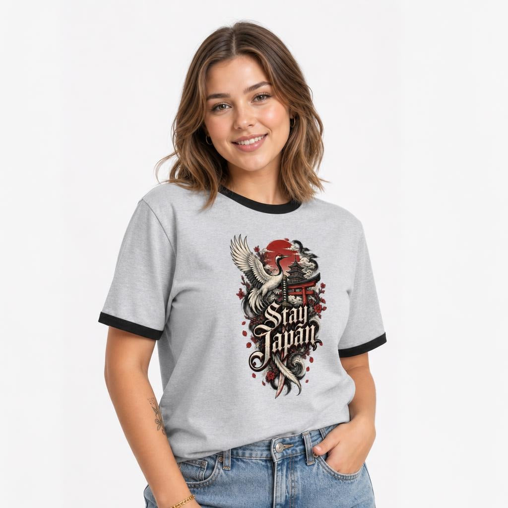 Stay Japan t shirt in Heather Gray Black worn by a studio model in an upper-body three quarter left pose on a clean white background