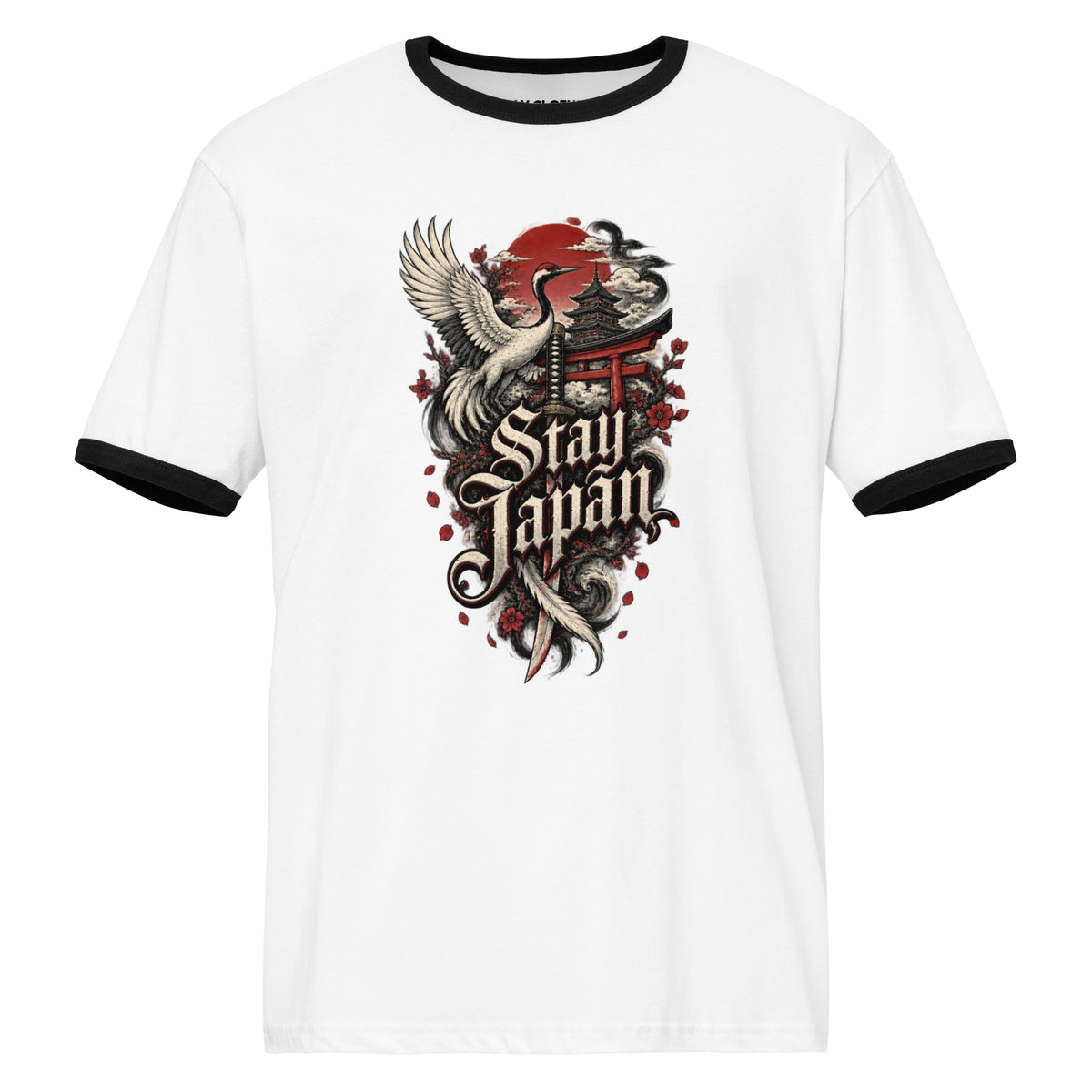 White Black T-Shirt with a Japan-themed graphic featuring a torii gate, red sun, bird, and Stay Japan lettering