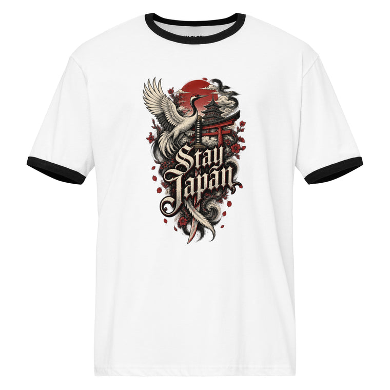 White Black T-Shirt with a Japan-themed graphic featuring a torii gate, red sun, bird, and Stay Japan lettering