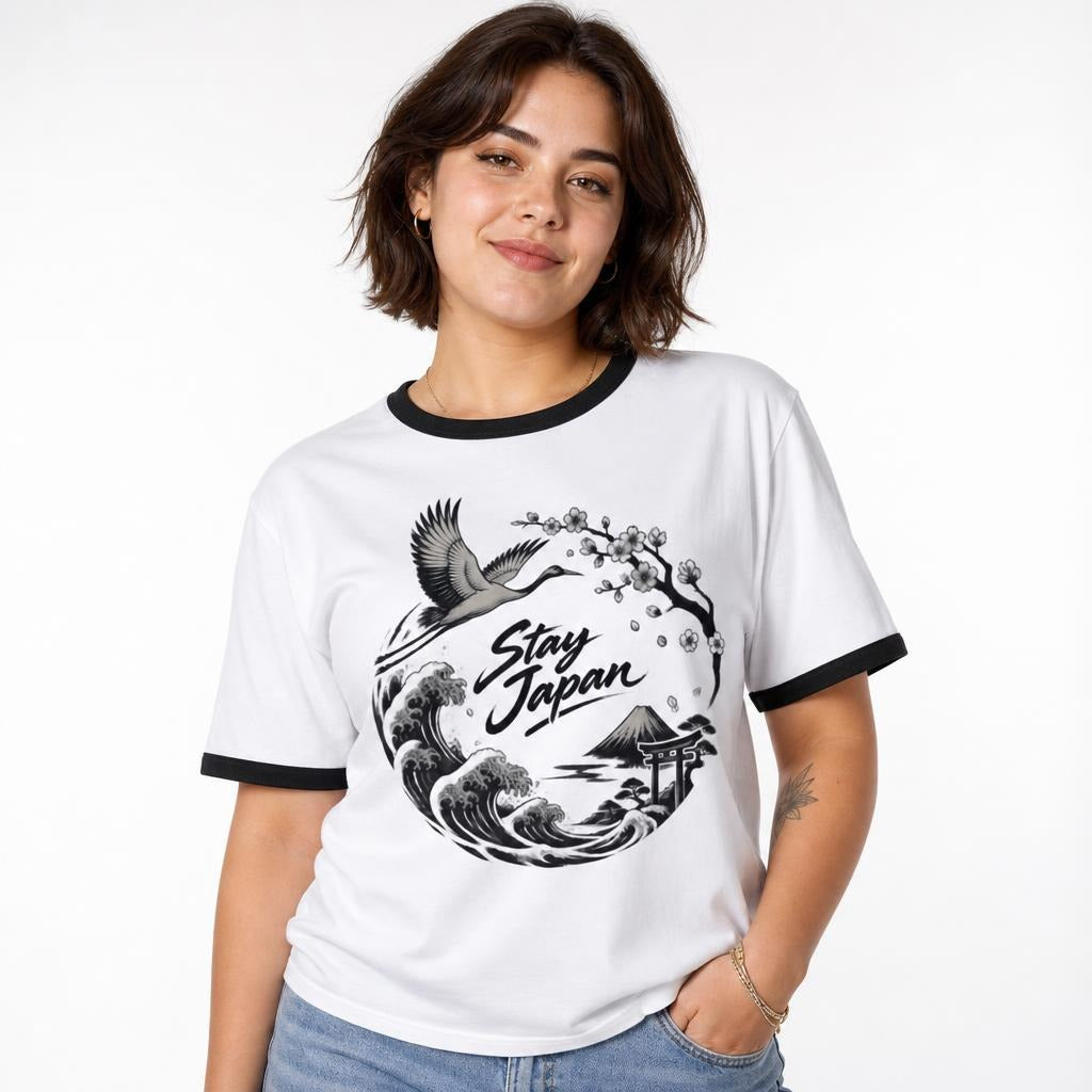 Stay Japan t shirt in White Black worn by a studio model in an upper-body front relaxed pose on a clean white background