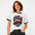 Stay Japan t shirt in White Black worn by a studio model in an upper-body front relaxed pose on a clean white background