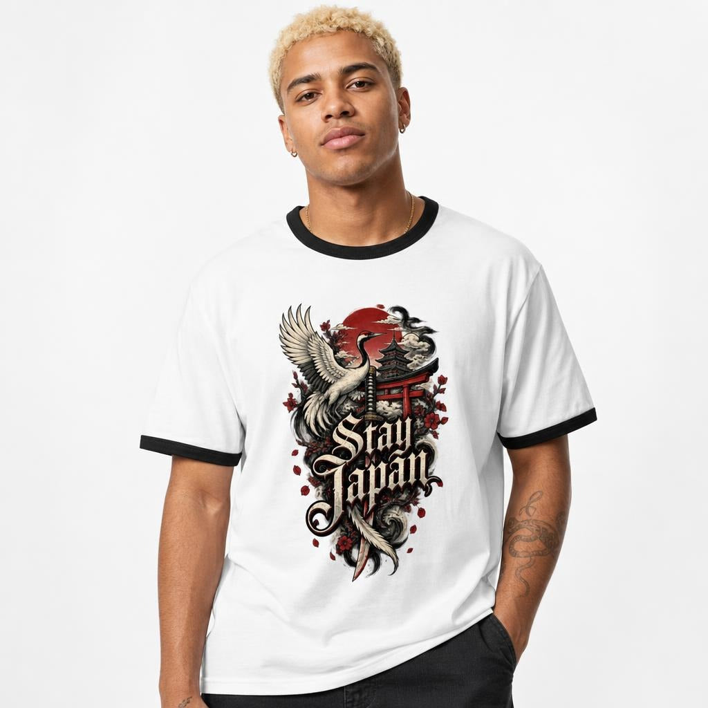 Stay Japan t shirt in White Black worn by a studio model in an upper-body front relaxed pose on a clean white background