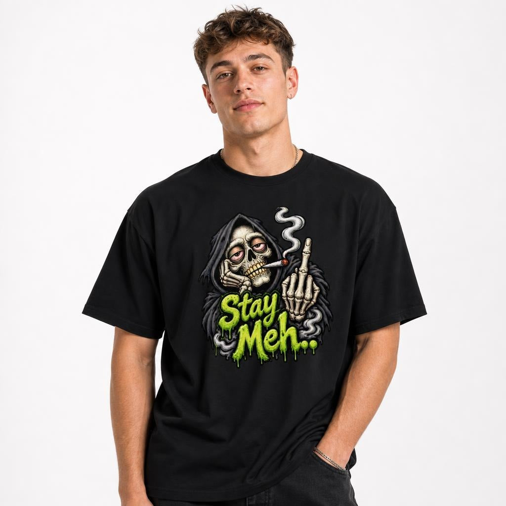 Stay Meh t shirt in Black worn by a studio model in an upper-body front relaxed pose on a clean white background
