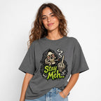 Stay Meh t shirt in Charcoal worn by a studio model in an upper-body three quarter right pose on a clean white background