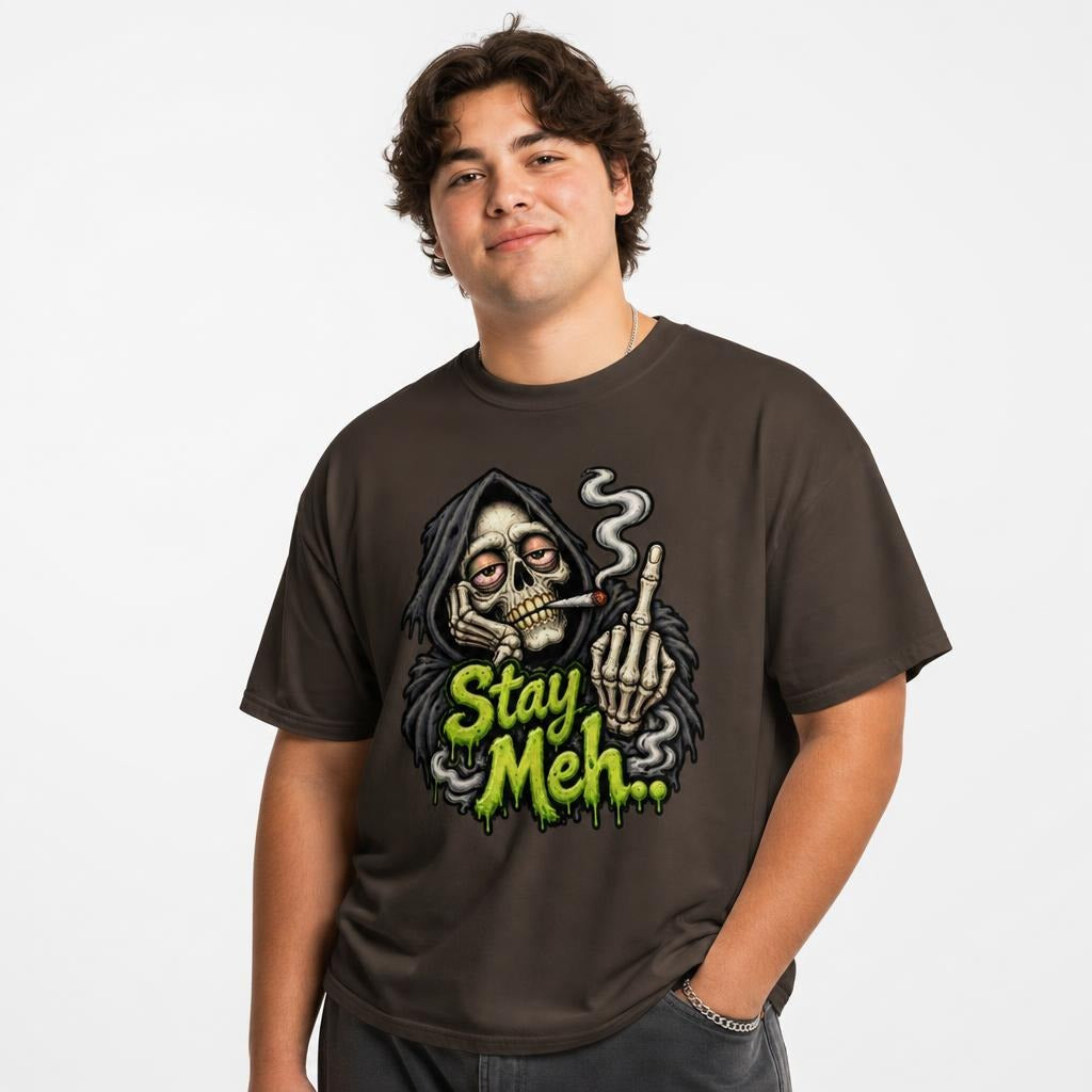 Stay Meh t shirt in Dark Chocolate worn by a studio model in an upper-body three quarter left pose on a clean white background
