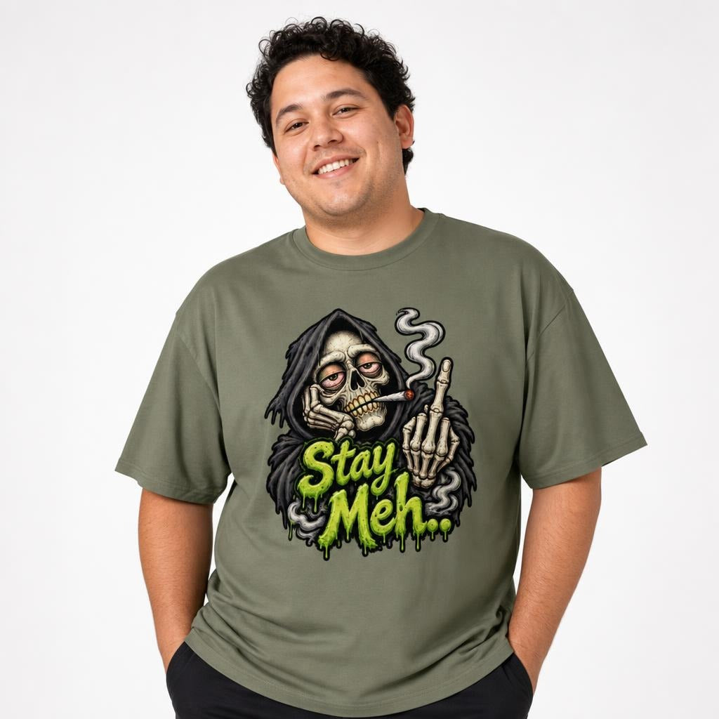 Stay Meh t shirt in Military Green worn by a studio model in an upper-body walking pose on a clean white background