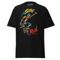 Stay Real graphic showing a skateboarding skeleton with colorful blue, yellow, orange, and red accents on a Black T-shirt.