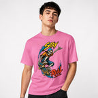 Stay Real Skeleton Skater Skeleton Skateboard t shirt in Azalea worn by a studio model in an upper-body three quarter right pose on a clean white background