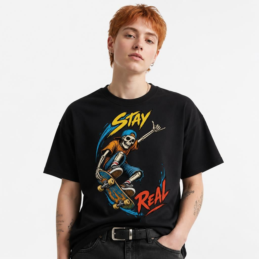 Stay Real Skeleton Skater Skeleton Skateboard t shirt in Black worn by a studio model in an upper-body front relaxed pose on a clean white background