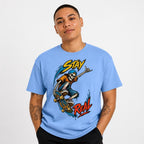 Stay Real Skeleton Skater Skeleton Skateboard t shirt in Carolina Blue worn by a studio model in an upper-body walking pose on a clean white background