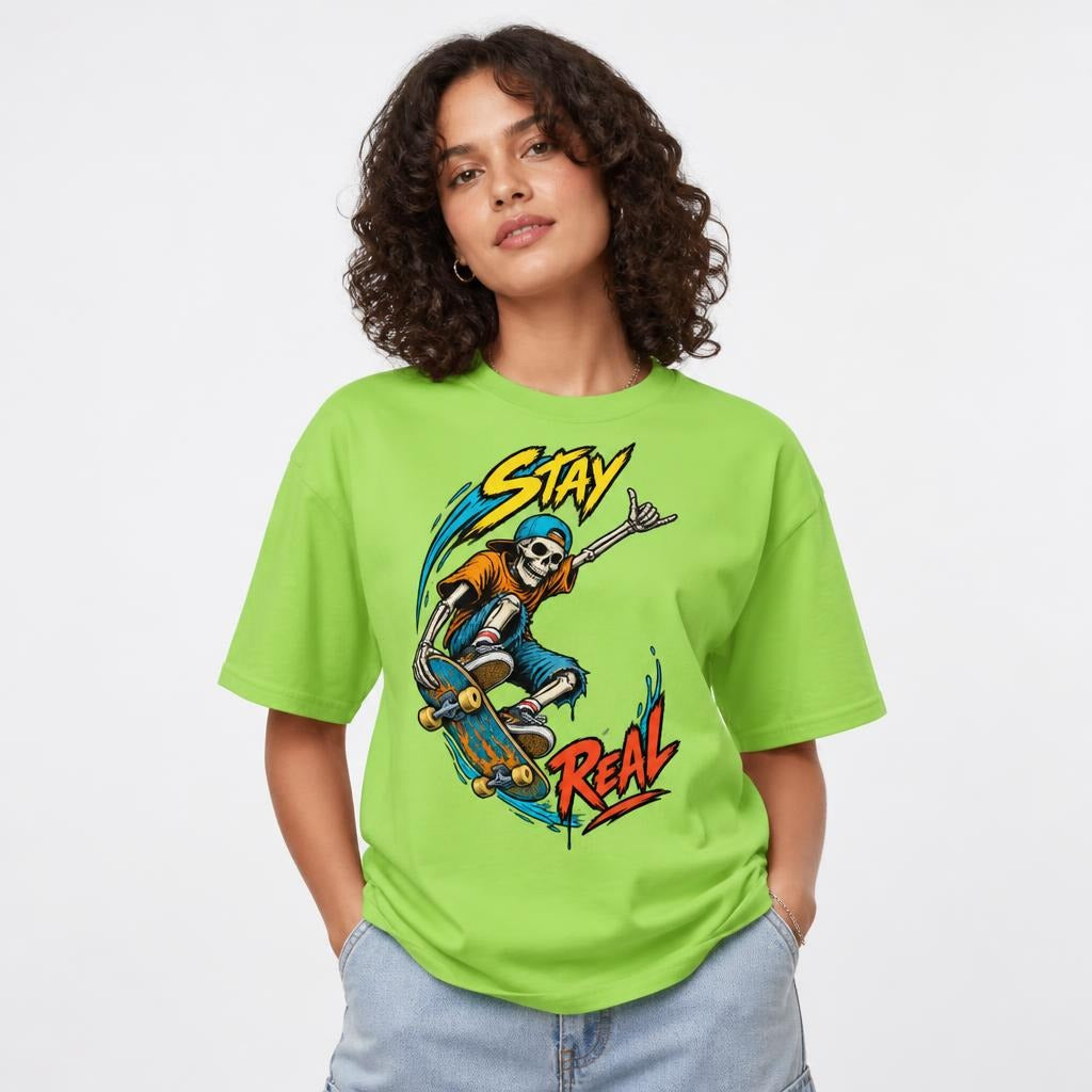 Stay Real Skeleton Skater Skeleton Skateboard t shirt in Lime worn by a studio model in an upper-body hands in pockets pose on a clean white background