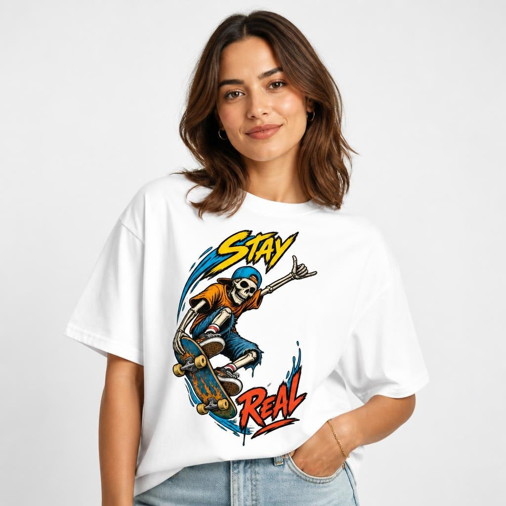 Stay Real Skeleton Skater Skeleton Skateboard t shirt in White worn by a studio model in an upper-body three quarter left pose on a clean white background