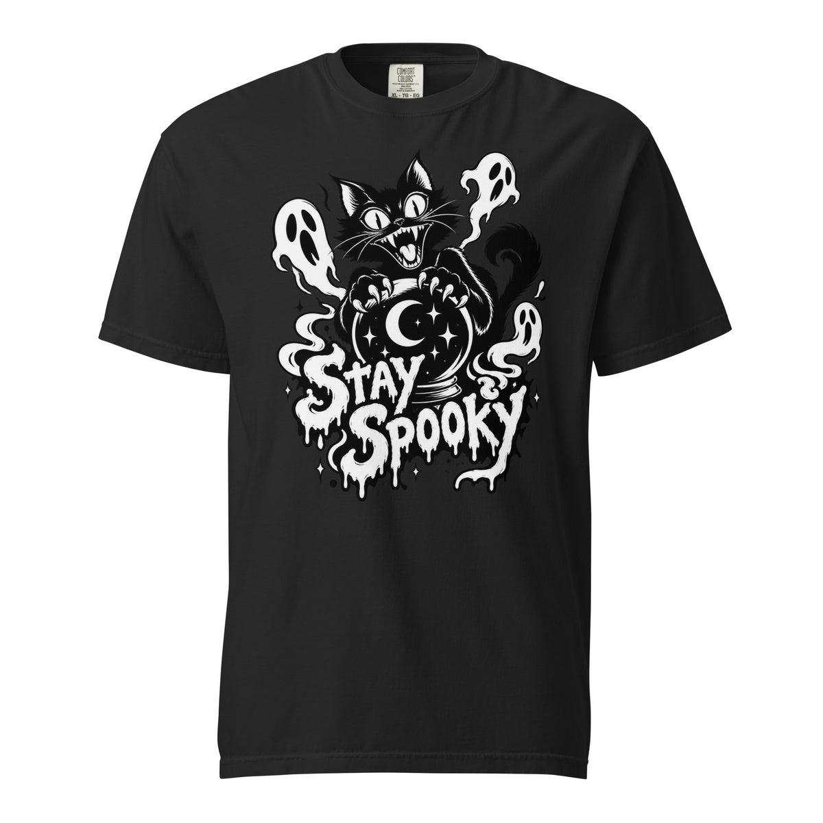 Front view of a black T-shirt featuring a mischievous cat behind a crystal ball, three floating ghosts, stars, a crescent moon, and “STAY SPOOKY” lettering.
