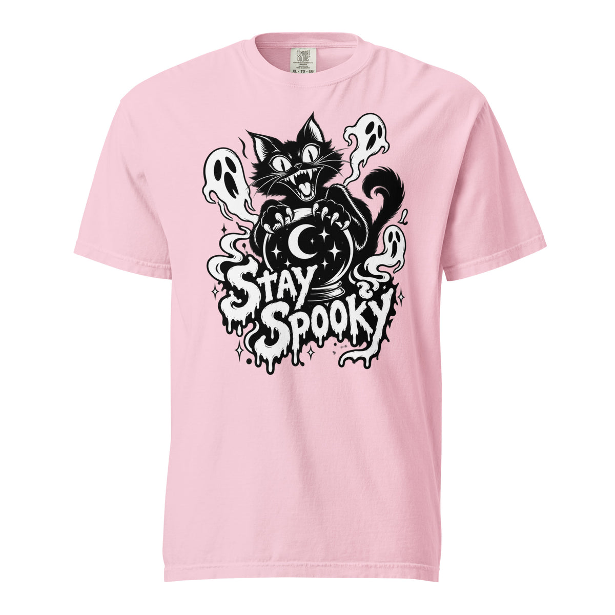 Front view of the Blossom T-shirt featuring a black cat behind a crystal ball, three ghosts, stars, a crescent moon and “STAY SPOOKY” lettering.
