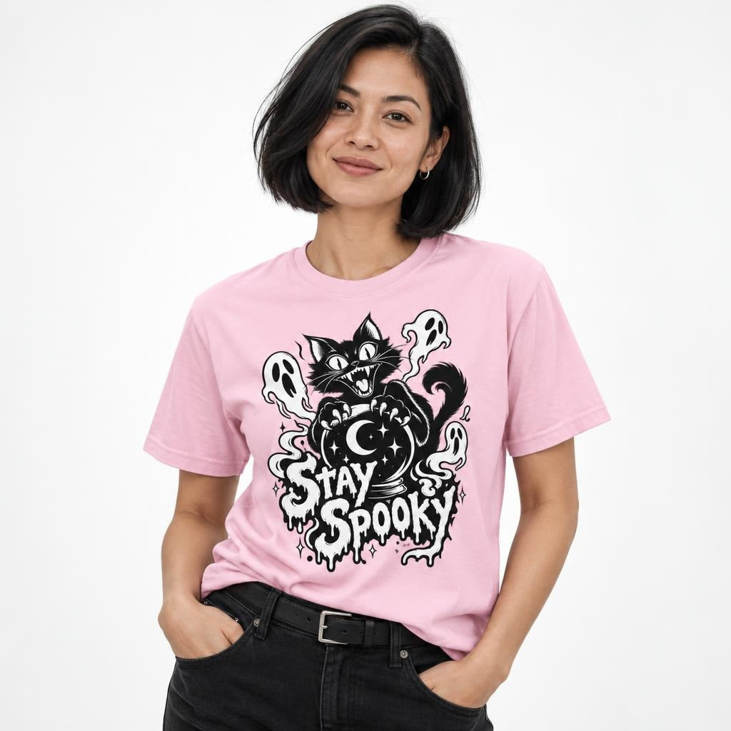 Front view of a model wearing a Blossom T-shirt with a black cat, three ghosts, crystal ball, stars, moon, and STAY SPOOKY lettering.