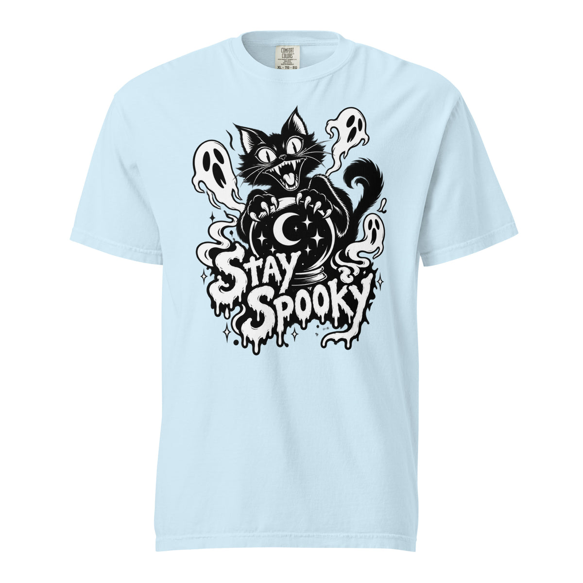 Front view of a Chambray T-shirt featuring a black cat behind a crystal ball, three ghosts, stars, a moon, and “STAY SPOOKY” lettering.