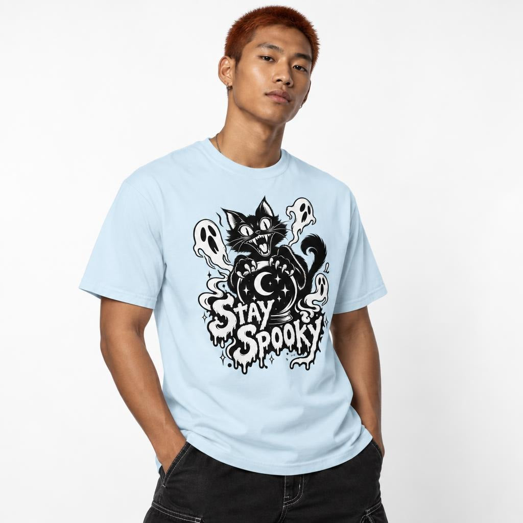 Front view of a model wearing the Chambray Stay Spooky T-shirt with a black cat behind a crystal ball, three ghosts, stars, and a crescent moon.