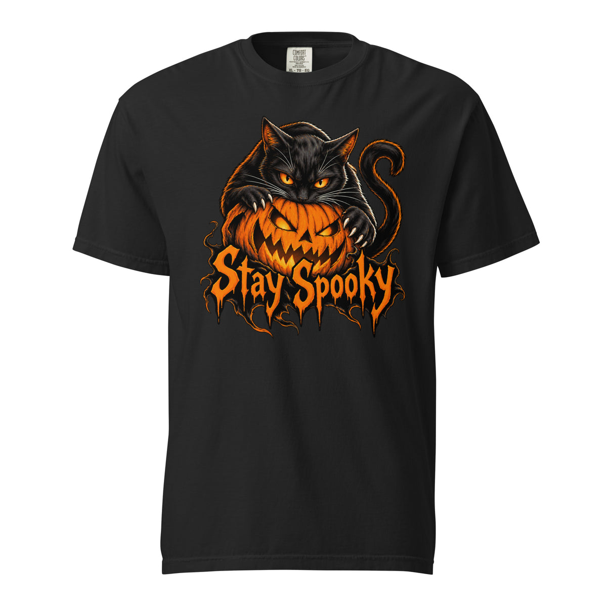 Front view of a Black T-shirt featuring a black cat with bright orange eyes over a grinning orange pumpkin and “Stay Spooky” lettering.