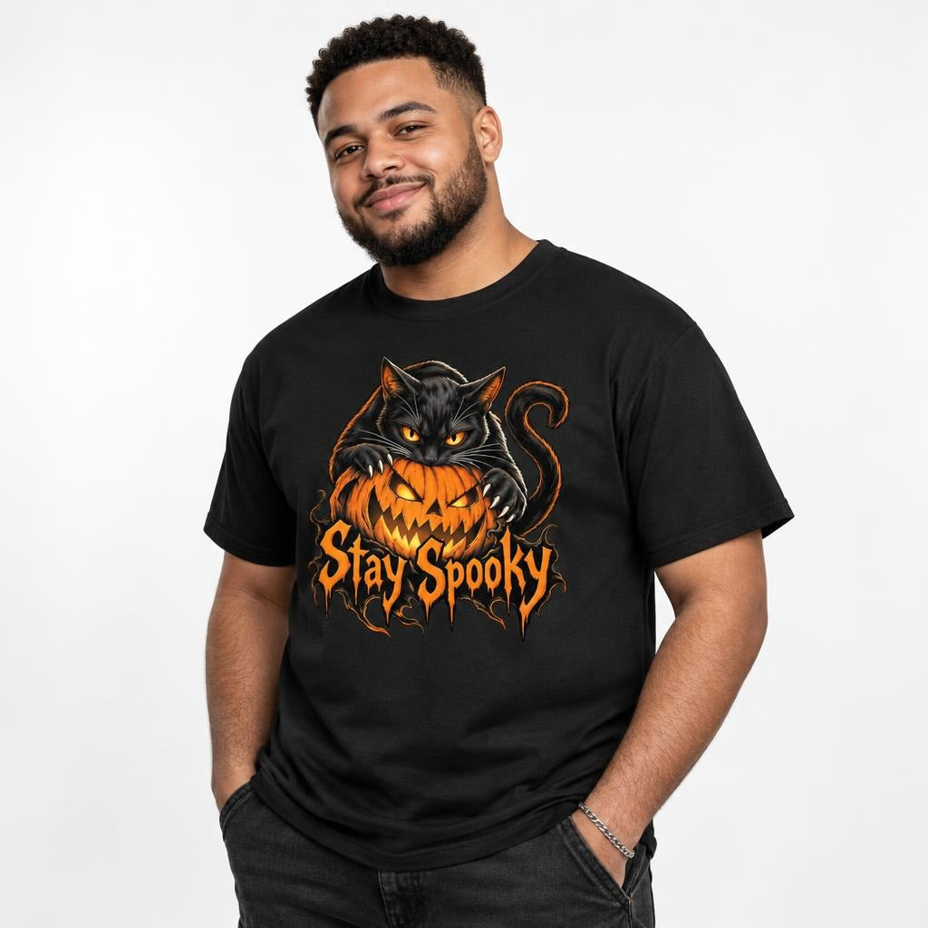 Model wearing a black T-shirt featuring a black cat with orange eyes over a grinning pumpkin and “Stay Spooky” lettering.