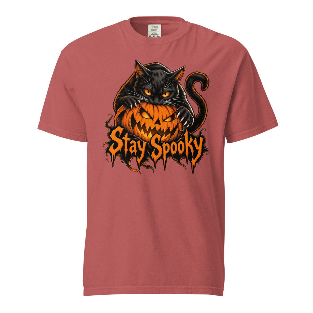 Front view of a Crimson T-shirt featuring a black cat with bright orange eyes draped over a grinning pumpkin and Stay Spooky text.