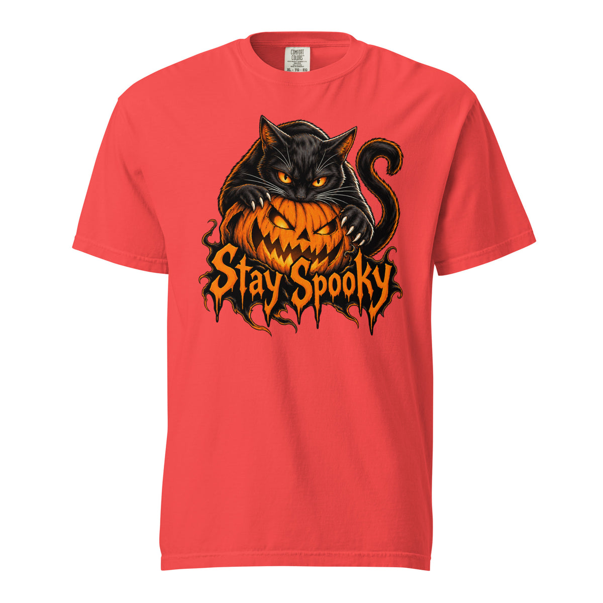 Front view of a Paprika T-shirt featuring a black cat with bright orange eyes draped over a grinning pumpkin and “Stay Spooky” lettering.