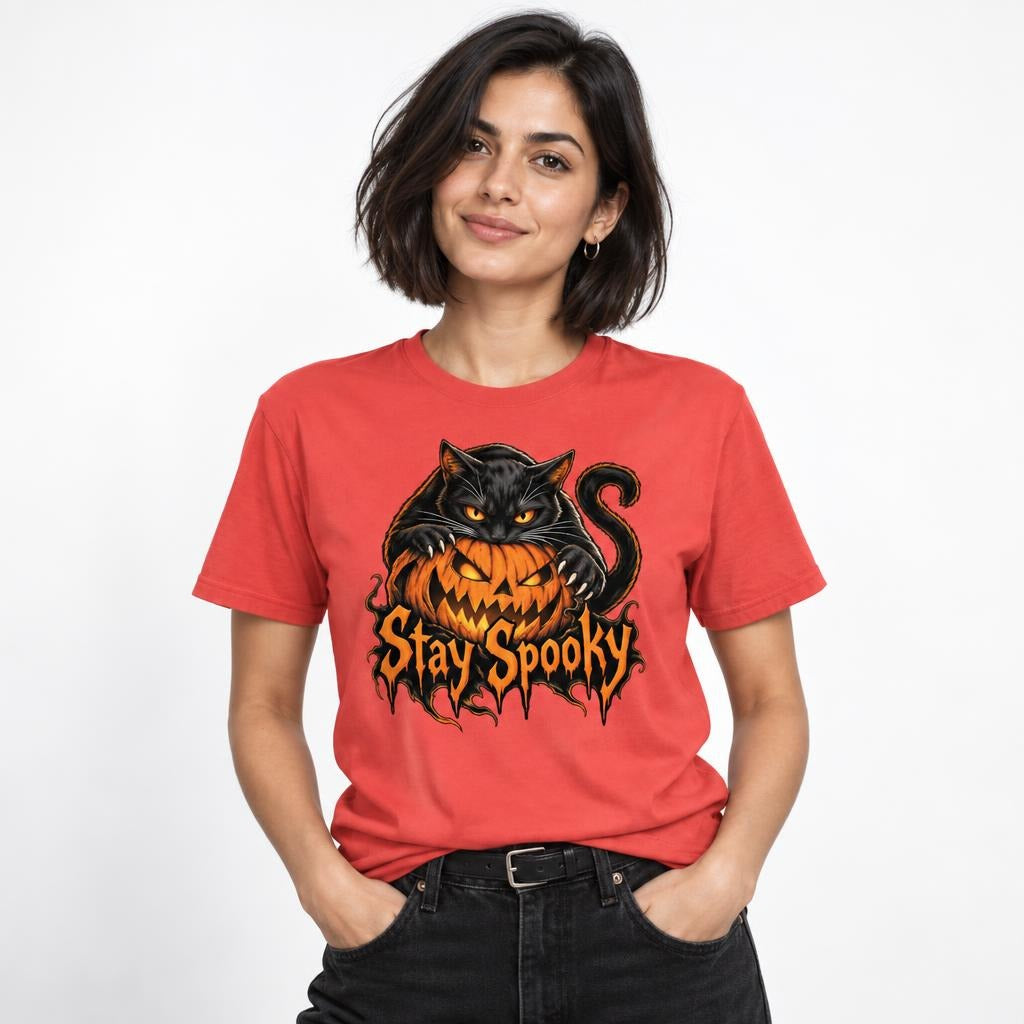 Model wearing a Paprika T-shirt featuring a black cat with bright orange eyes over a grinning orange jack-o’-lantern and “Stay Spooky” lettering.