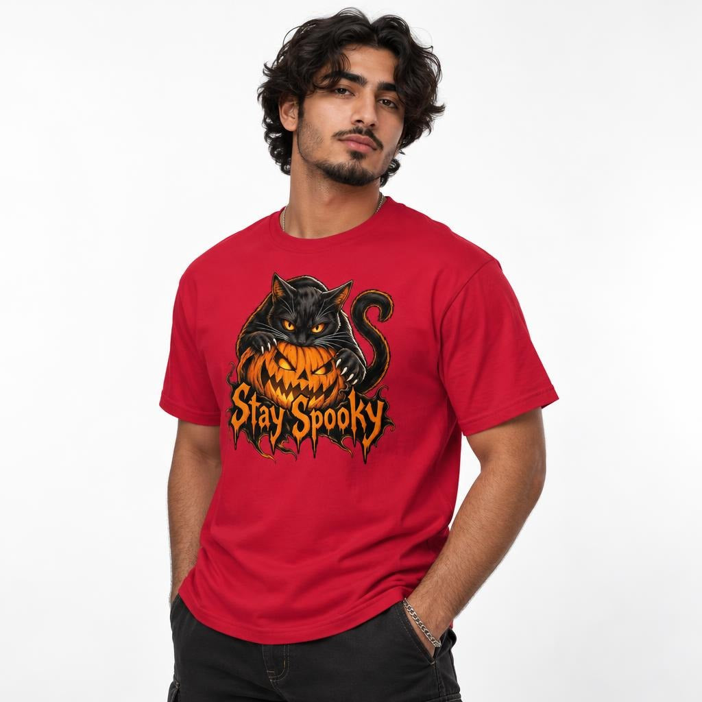 Front view of a red T-shirt featuring a black cat with bright orange eyes over a grinning orange jack-o’-lantern and Stay Spooky lettering.