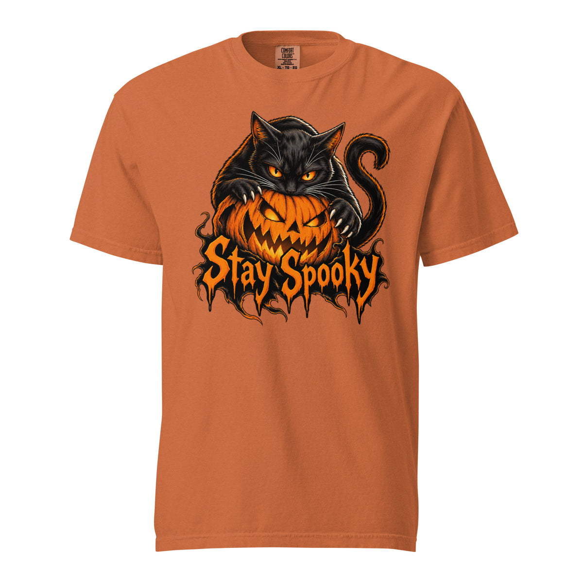 Front view of a Yam T-shirt featuring a black cat with bright orange eyes draped over a grinning pumpkin and Stay Spooky lettering.
