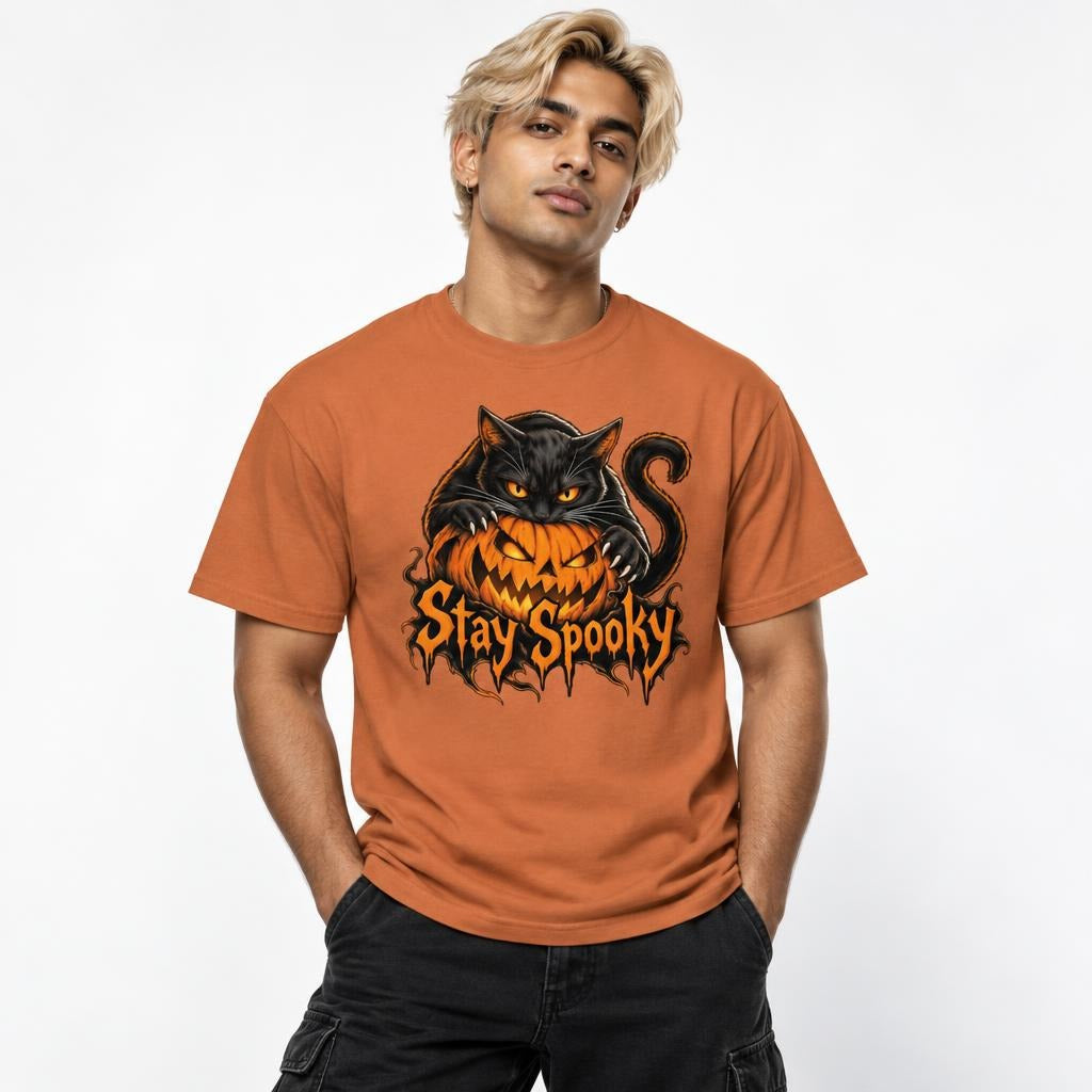 Front view of a Yam T-shirt worn by a model, featuring a black cat draped over a grinning orange pumpkin with Stay Spooky lettering.