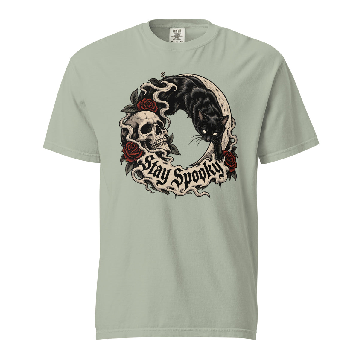 Front view of a Bay T-shirt featuring a black cat, skull, red roses, crescent moon, and “Stay Spooky” gothic lettering.