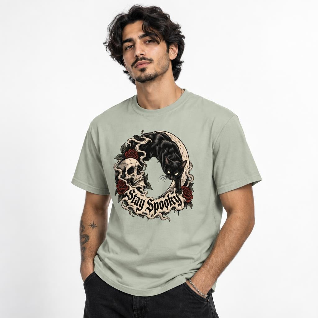 Front view of a Bay T-shirt with a gothic Stay Spooky design featuring a black cat, skull, red roses, crescent moon and smoke-like flourishes.