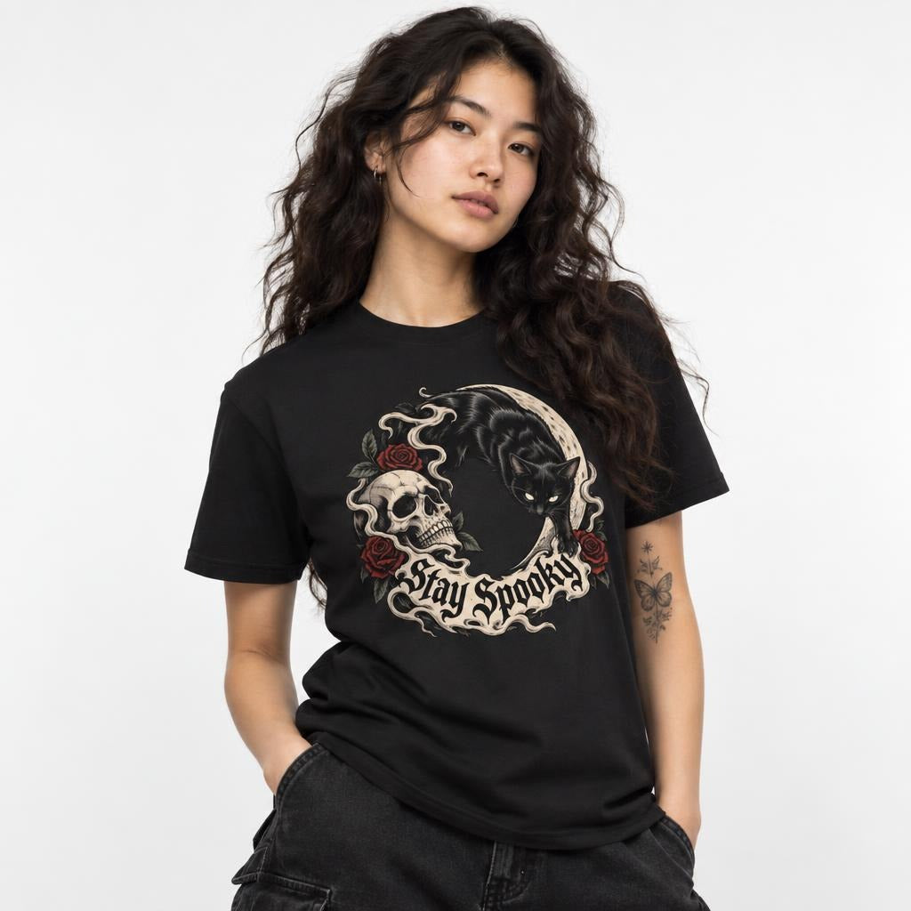 Front view of a model wearing a black T-shirt with a Stay Spooky design featuring a skull, black cat, crescent moon and red roses.