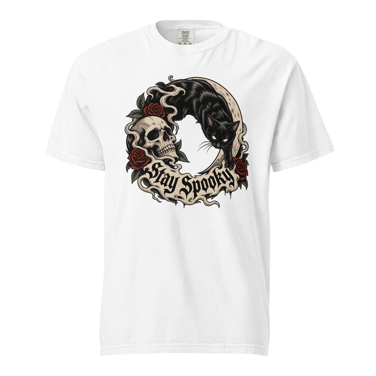 Front view of a White T-Shirt with a black cat curling around a skull, red roses, and “Stay Spooky” gothic lettering.