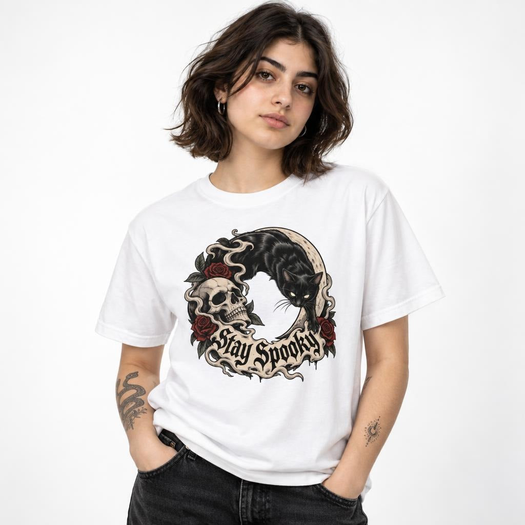 Front view of a white T-shirt on a model featuring Stay Spooky lettering, a black cat, skull, crescent moon, and red roses.