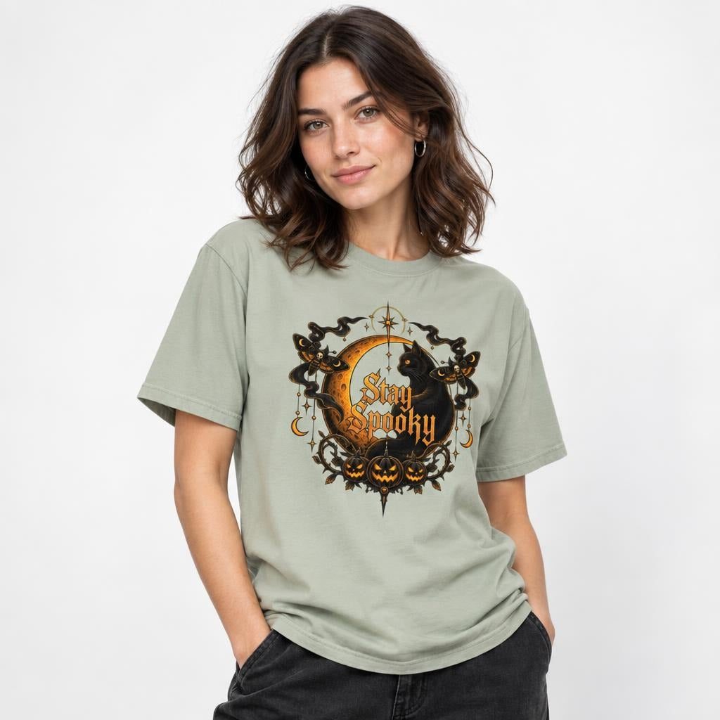 Front view of a Bay T-shirt featuring “Stay Spooky” lettering, a black cat, crescent moon, pumpkins and celestial details.